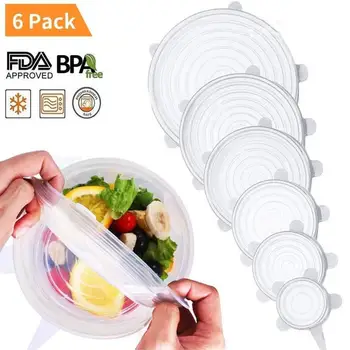 

6Pcs Reusable Elastic Seal Universal Silicone Saran Wrap Cover Lids Food Bowl Pot Stretch Kitchen Vacuum Seal Bowls