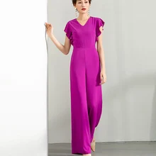 2020 Women Summer Jumpsuit Party High Street Chiffon V-neck Elegant Wide Leg Purple Color Rompers Plus Size 3XL 4XL 2020 Women Summer Jumpsuit Party High Street Chiffon V-neck Elegant Wide Leg Purple Color Rompers Plus Size 3XL 4XL