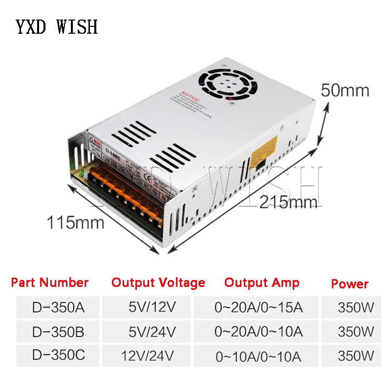 DC, saída dupla, 30W, 50W, 60W, 100W, 200W, 350W, 5V, 12V, 24V