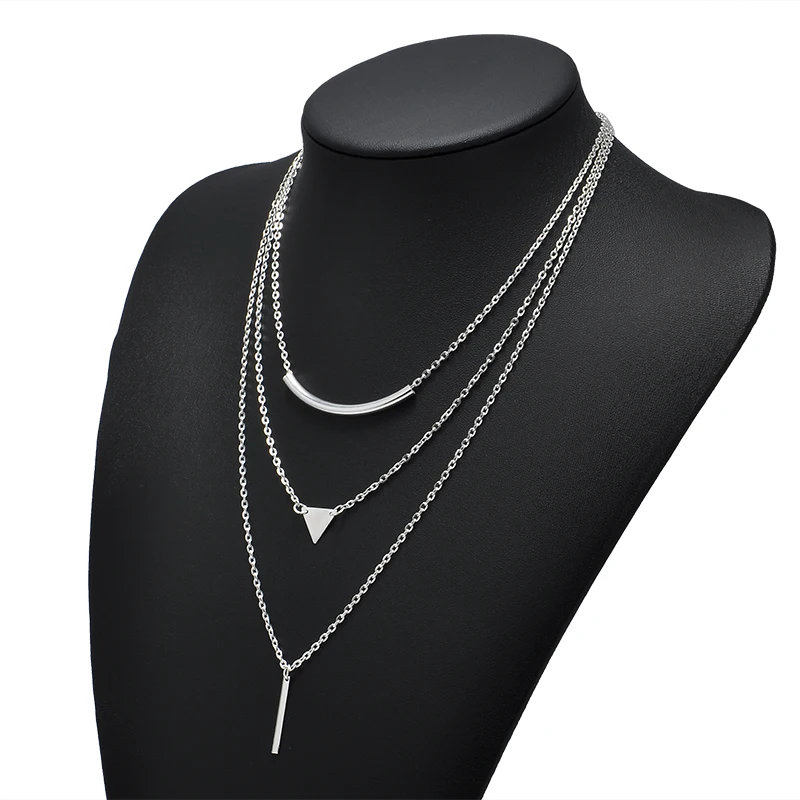 Модные хрустальные люстры 3 слоя подвеска треугольная ожерелье из цепей короткое массивное ожерелье с цепочкой Для женщин ювелирные изделия - Окраска металла: Посеребренный