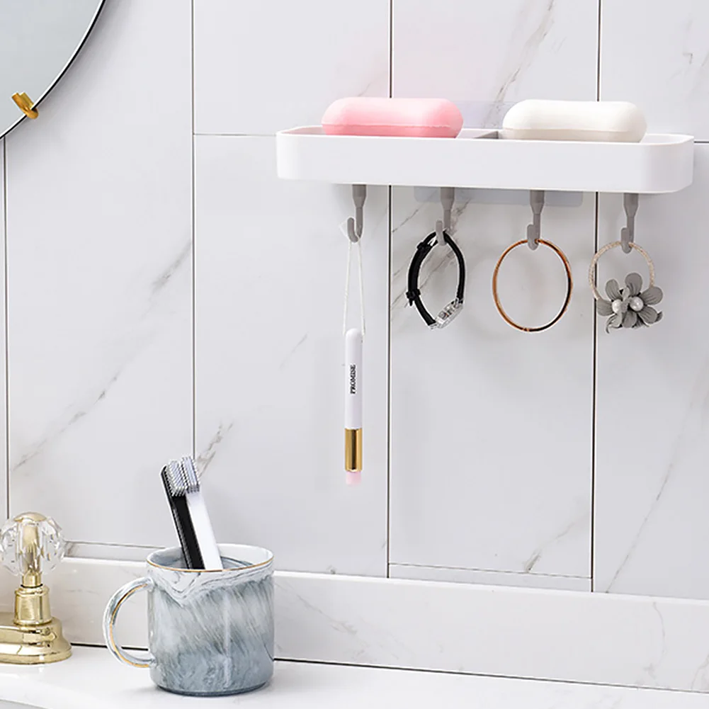 Plastic Soap Holder Quick Drain Bathroom Kitchen No Drilling Adhesive Multifunctional With Hook Rectangle Organizer Easy Install