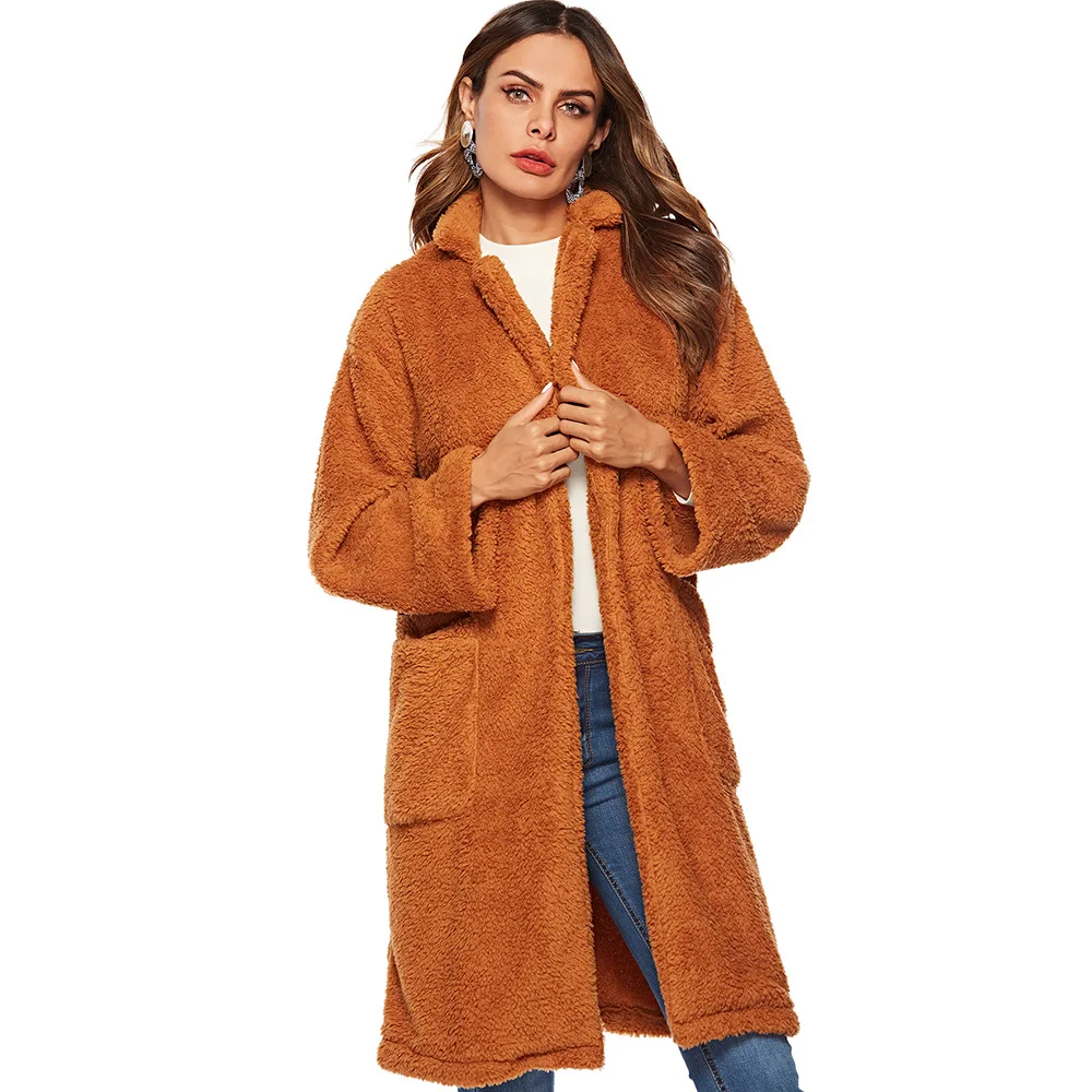 

2019 women thick warm plush overcoat stand collar female fleece long outerwear steet design lady's trench coat