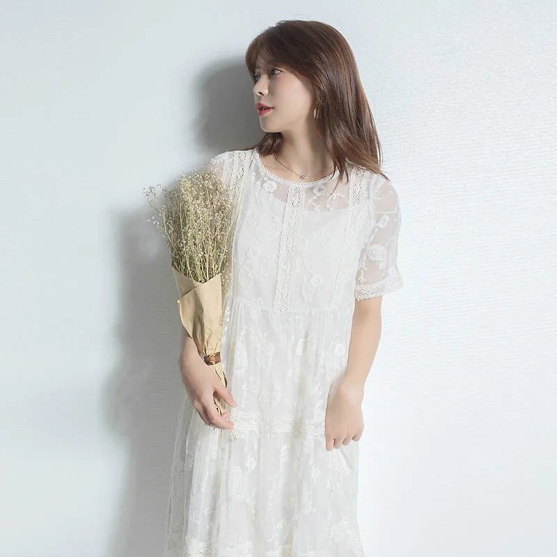 

white embroidery silk floral dresses women 2020 summer long casual office work beach boho party dress plus size fashion dropship