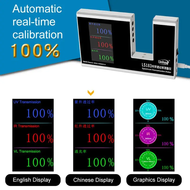 

LS183 Spectrum Transmission Meter Tester for Film Glass Window Tint Measurement IR 950nm UV 365nm VL 380-760nm 3 in 1 Function