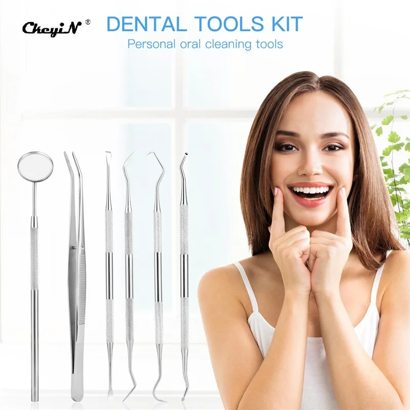 

6Pcs/set Stainless Steel Teeth Cleaning Tooth Stone Remover Pick Scaler Tweezer Scraper Mirror Stainless Steel Teeth Clean Probe