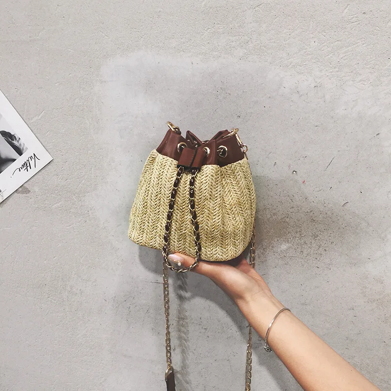 

RAZALY Brand High Quality Designer Satchels Bucket Bag Straw Handbag Pu Leather Chain Women Purse Small Tote Vintage Shoulder