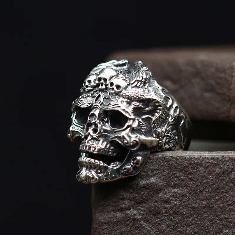 

Retro Antique Finish Cool Carved Thai Silver Skull Ring Cool Men's Exaggeration Wide Face Fine Silver 925 Rings