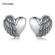 TONGZHE серьги-гвоздики для женщин ювелирные изделия элегантный серебристый цвет ААА кубический цирконий камень этический Крылья ангела перо сердце серьги
