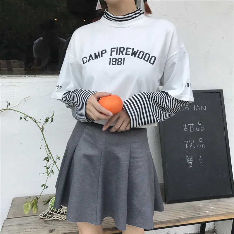 Women's T-shirts Tunic Kawaii Ladies Vintages Triped Long Sleeve T-shirt Female Ulzzang Harajuku Tee For Women Casual Top