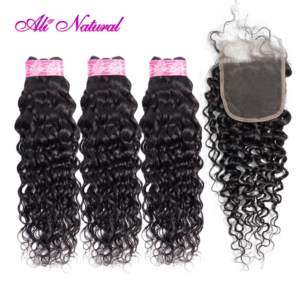 

Alinatural Human Hair Water Wave Bundles with Closure Peruvian Hair Weave 3 Bundles With Closure Remy Natural Black