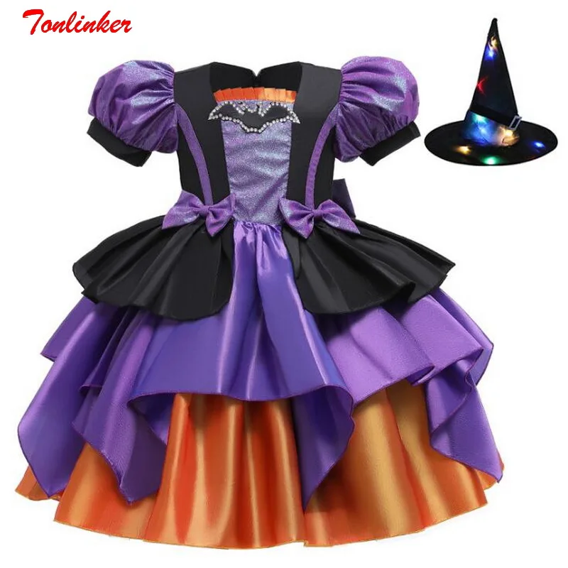 

Girls Dresses Halloween Costume For Girls Birthday Party Dress Children Witch Cosplay Princess Christmas Kids Clothing Glow Hat