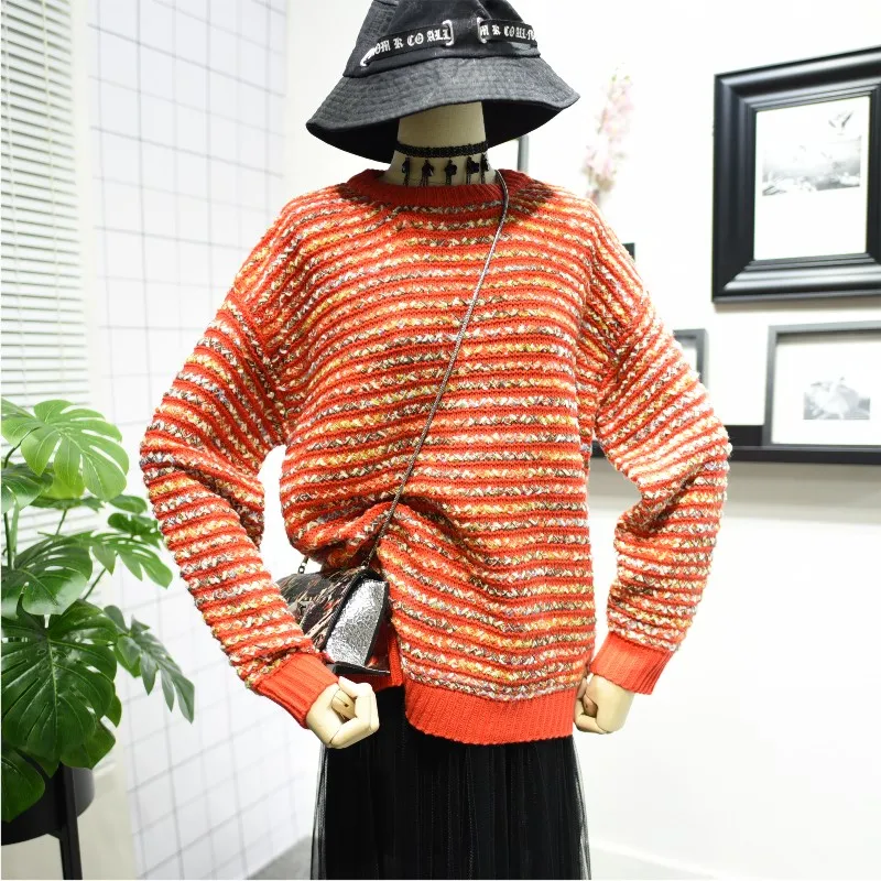 Autumn Winter Women O-Neck Knitted Sweater Stripe Spliced Bright Silk Knitwear Long Sleeve Loose Outerwear Jumper Korean Fashion