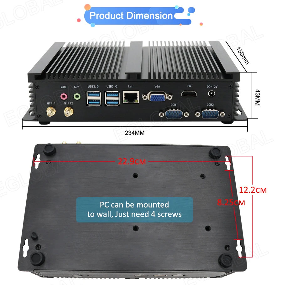 Eglobal Industrial Fanless Mini PC with I5 6300U, I7 10510U, Windows 7/8/10, VPN Router, VGA, HDMI, 4G, WiFi, BT Description Image.