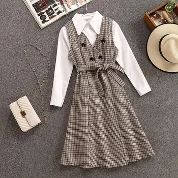 

women 2 piece set winter dress elegant plaid office ladies Midi dress vintage Houndstooth Woolen dress Korean 2 piece outfits