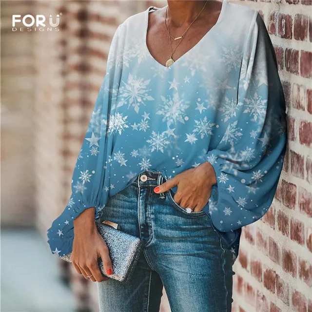 FORUDESIGNS/женские шифоновые блузки с v-образным вырезом, повседневные, с рукавом-шаром, красивые, с принтом снежинки, для девочек, мягкие, вечерние, для улицы, рубашки - Цвет: HML078B2