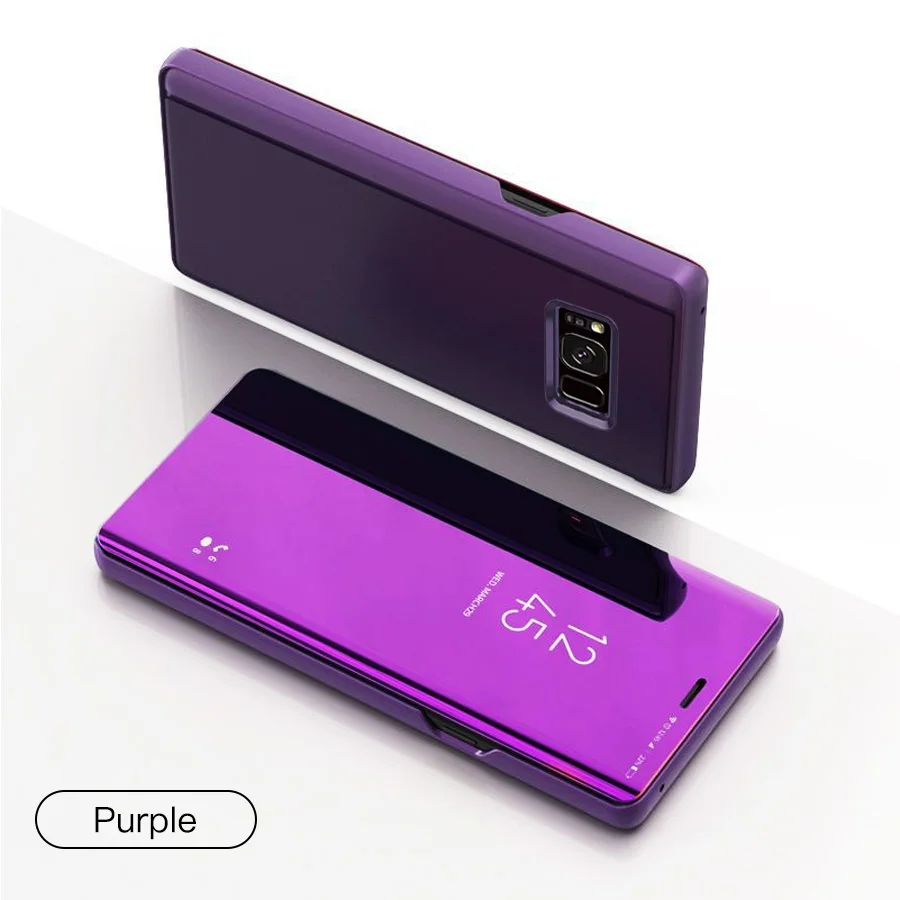 Mirror Flip Phone Case For Samsung Galaxy S8 S10 Note9 Cover Thin Clamshell Smart Call Answer Phone Holder Stand Glass Cases - Цвет: Purple Flip Case