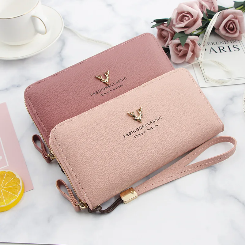 Cartera de alta calidad ciervos de Metal la carta de cuero de la Pu mucho dinero pulsera de la bolsa del teléfono móvil monedero titular de la tarjeta de crédito