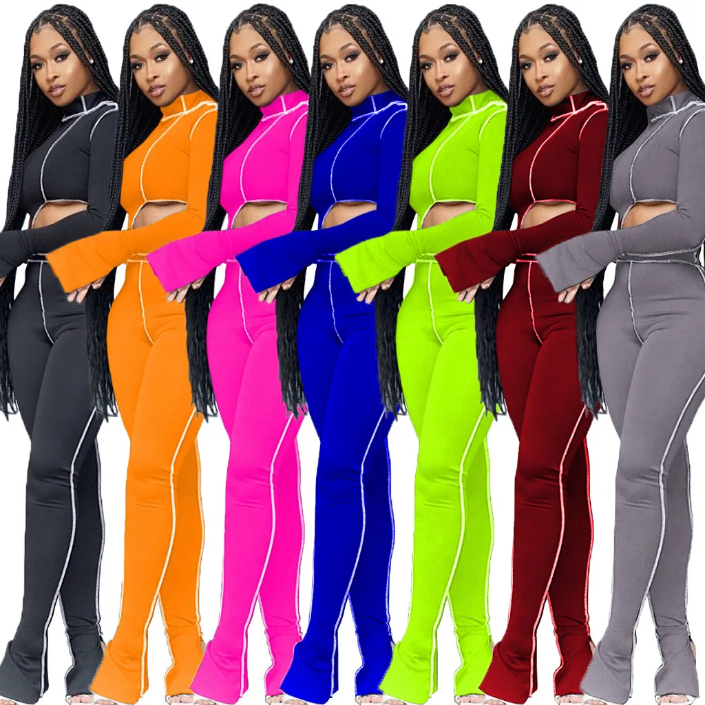 

White Striped Spliced Fitness Tracksuit Women Turtleneck Flare Sleeve Asymmetry Crop Top Bodycon Jogger Sweatpant Two Piece Sets