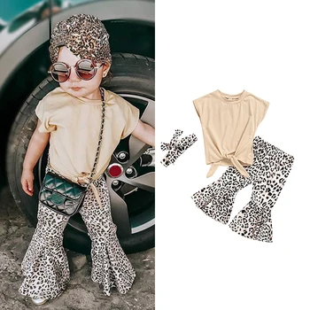 

3PCS Toddler Kids Baby Girl Clothes Sets Short Sleeve Tops+Leopard Trousers Pants +Headband Outfits Set