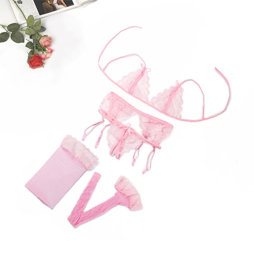 Сексуальный розовый комплект нижнего белья, соблазнительный кружевной комплект с пуш-ап прозрачным бюстгальтером, эротическое женское нижнее белье, бюстгальтеры и стринги+ сетчатые носки и слинг