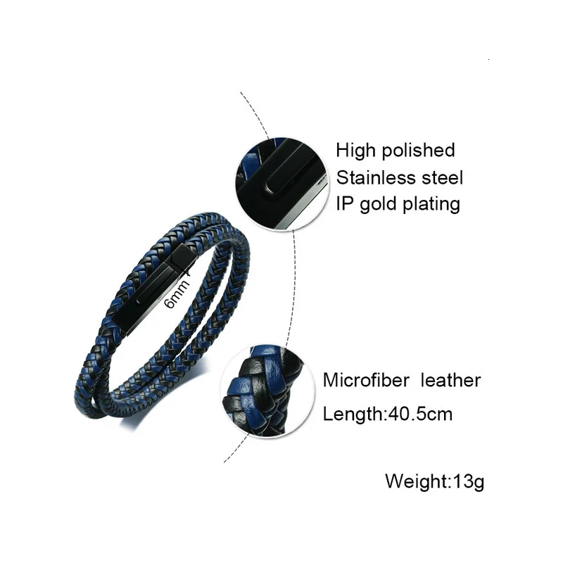Мужская черная и темно-синяя тесьма двойной кожаный браслет на магнитной застежке мужской браслет ювелирные изделия стильный подарок