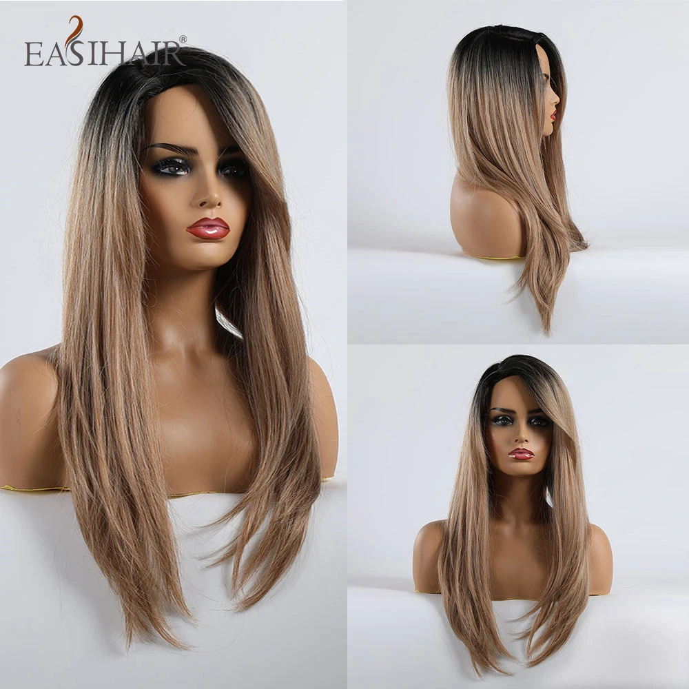 EASIHAIR длинные прямые черные до коричневые Ombre синтетические парики с боковой челкой парики для женщин натуральные волосы Glueless Косплей парики - Цвет: LC186-6
