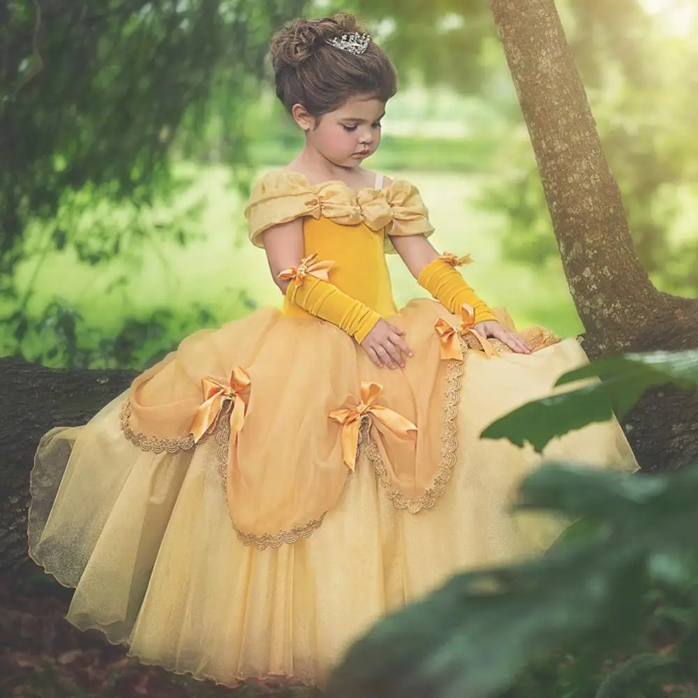 

Bella Princess Dress Kids Dresses For Girls Disguise Beast Costumes Yellow Fancy Gown Sleeping Beauty Halloween Party Vestidos