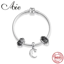 Блестящие черные стеклянные бусины из стерлингового серебра 925 пробы, браслеты с подвеской в виде Луны для женщин, модные украшения