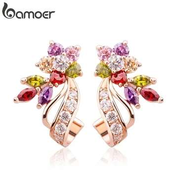 

BAMOER Gold Color Flower Oversized Big Stud Earrings with Multicolor AAA Zircon Stone Birthday Gift Jewelry JIE019