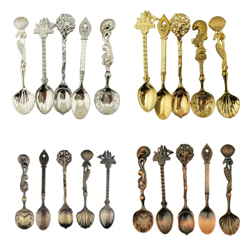 5pcs/Set Alloy Vintage Royal Style Carved Small Coffee Spoon Flatware Cutlery Kitchen Dining Bar Tool