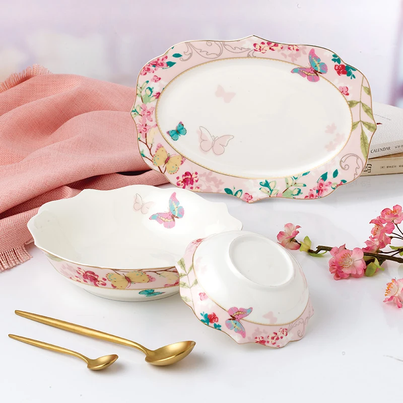 Ceramic Plate Set Glazes Party Flora Tableware Set Porcelain Breakfast Dessert Plates Dishes Noodle Bowl Coffee Cup Home Decor