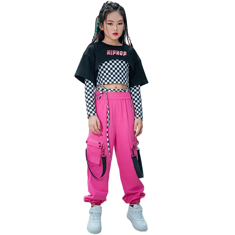 Children Hip Hop Dance Clothes Lattice Tops For Girls Casual Cargo Pants Jazz Performance Rave Wear Street Dance Costume BL7097