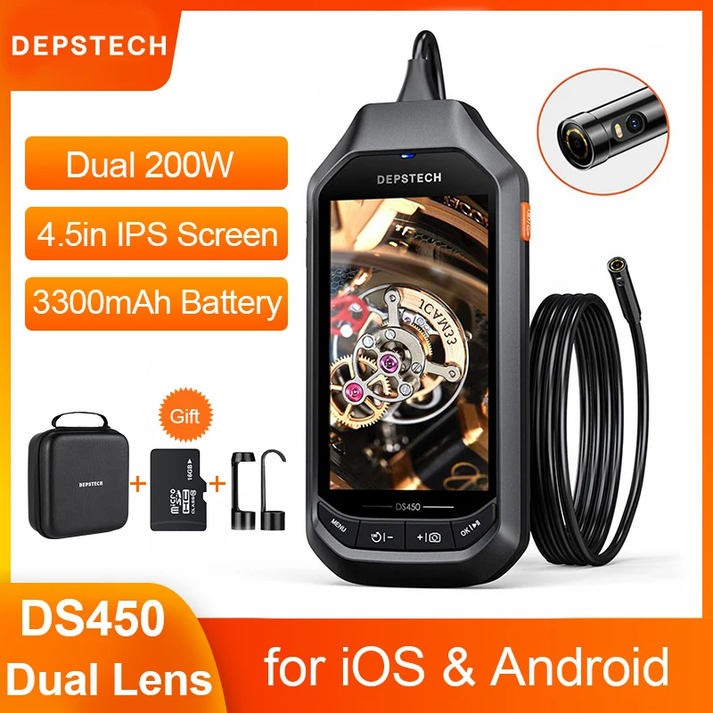 DS450 Dual Lens 2.0MP 4.5in IPS Screen Digital Endoscope Waterproof Pipe Inspection Mini Camera Industrial Borescope 3300mAh