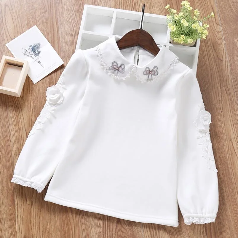 Kids Shirts Autumn Cotton Baby Toddler Teen Princess School Girls Blouse Lace Puff Long Sleeve