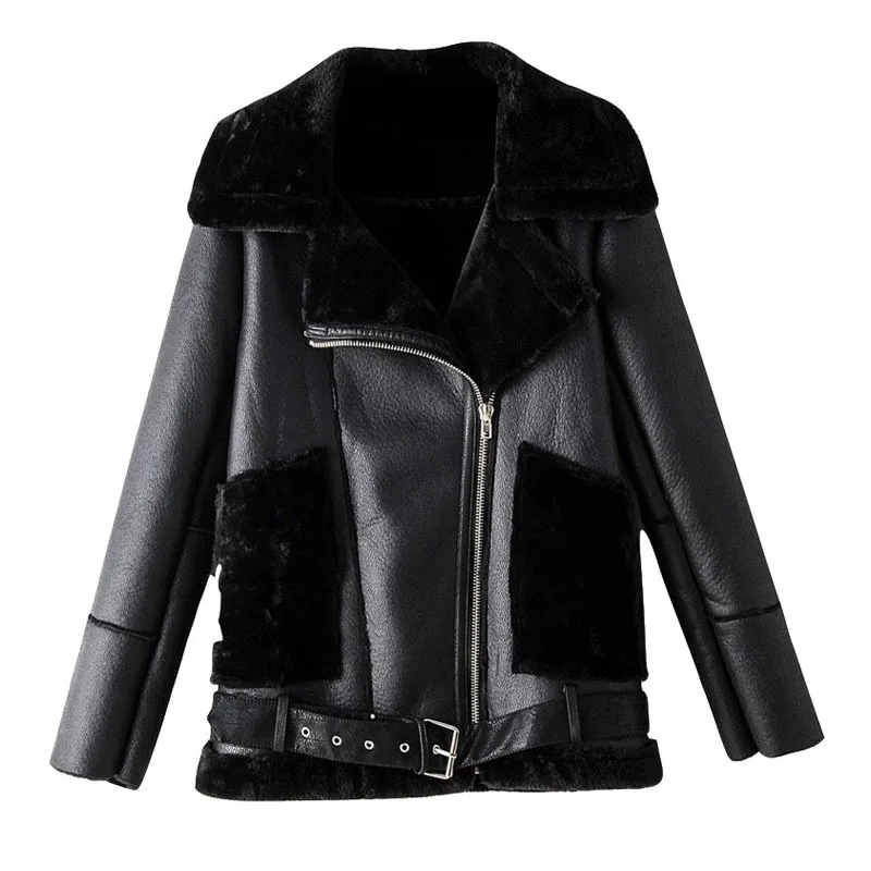 Женское пальто черное теплое из искусственной кожи с отворотом длинный рукав ремень Женская куртка куртки зимняя подкладка с бархатной молнией корейский пилот