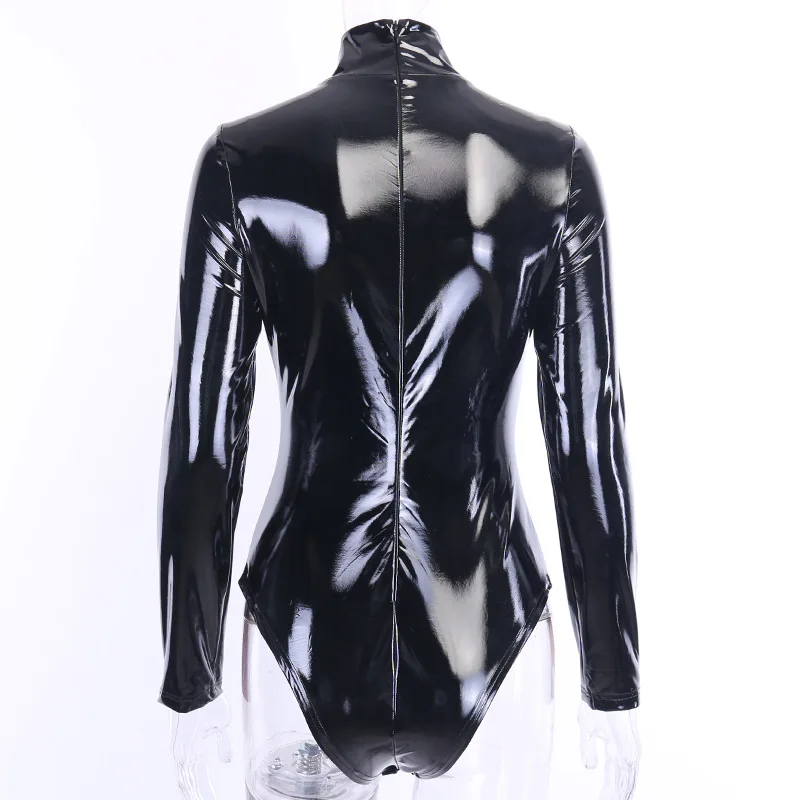 Women Sexy Black Bodycon Bodysuit Zipper PU Leather Jumpsuit Ladies Slim Long Sleeves Bodysuits Rompers Body Mujer Overalls