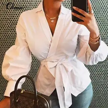 

Celmia Plus Size Women's Shirts Fashion Blouses Lantern Sleeve Tunic Tops Casual Loose V-Neck Ladies Blusas Femininas Belted 5XL