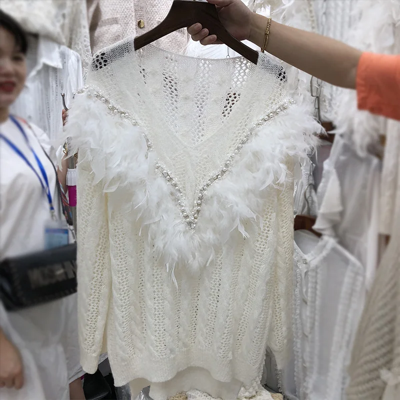 

Autumn Winter Thin Sweater New Japanese-style Pull Jumper Students Fashion Feather Pearl Beaded Sweaters Pullovers Jumper Femme
