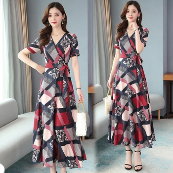 

2020 New Summer Temperament Lady Chiffon Dress With Sashes Elegant Fashion Office Lady Plaid V-neck Ages 35-45 Years Old Vestido