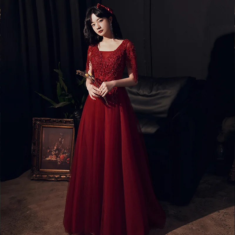 

Sexy Embroidery Applique Beading Tassel Sleeve Chiffon Evening Dress Back Bandage Women Formal Gowns Robe De Soiree Cheongsam