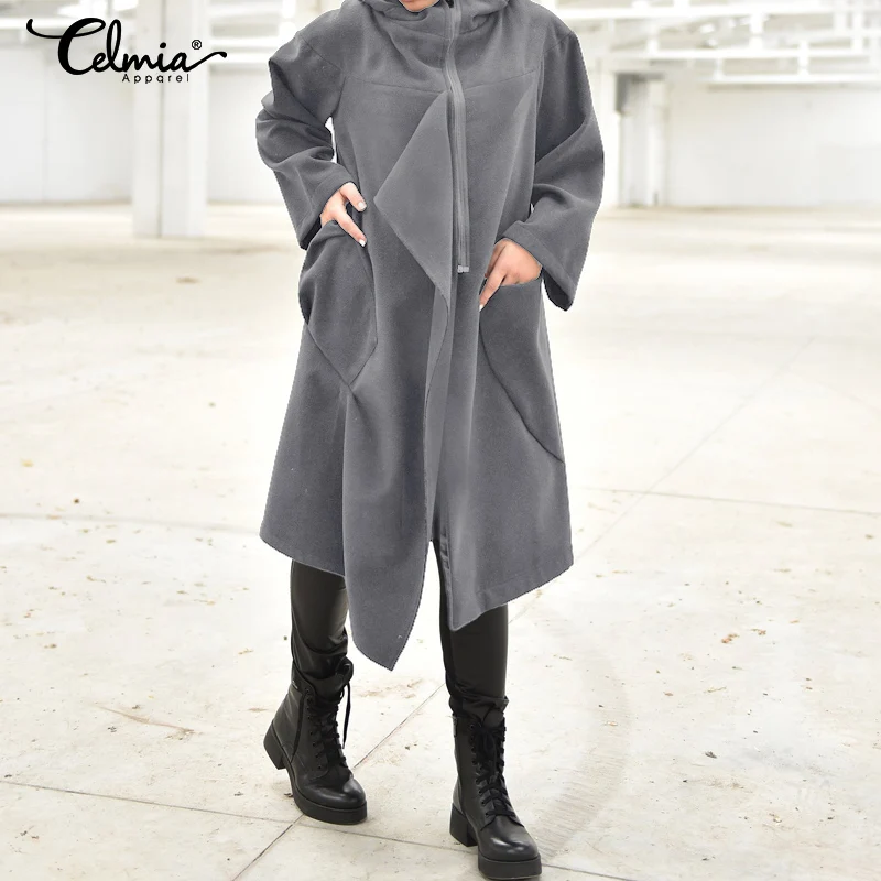 

Celmia Casual Winter Coats Women Long Hoodies Sweatshirt Zip Up Outerwear Hooded Jackets Plus Size Outwear Pleated Top Oversized