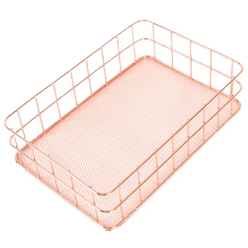 

Rose Gold Wrought Iron Storage Basket Office Desk Organizer Home Decor Elegant Round Square Small Large
