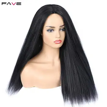 

FAVE Lace Part Yaki Straight Long Wigs Middle Part Heat Resistant Fiber Synthetic Wig Natural Hairline for Black Women