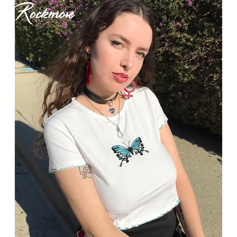 Rockmore модная женская белая хлопковая Футболка с принтом бабочки и круглым вырезом