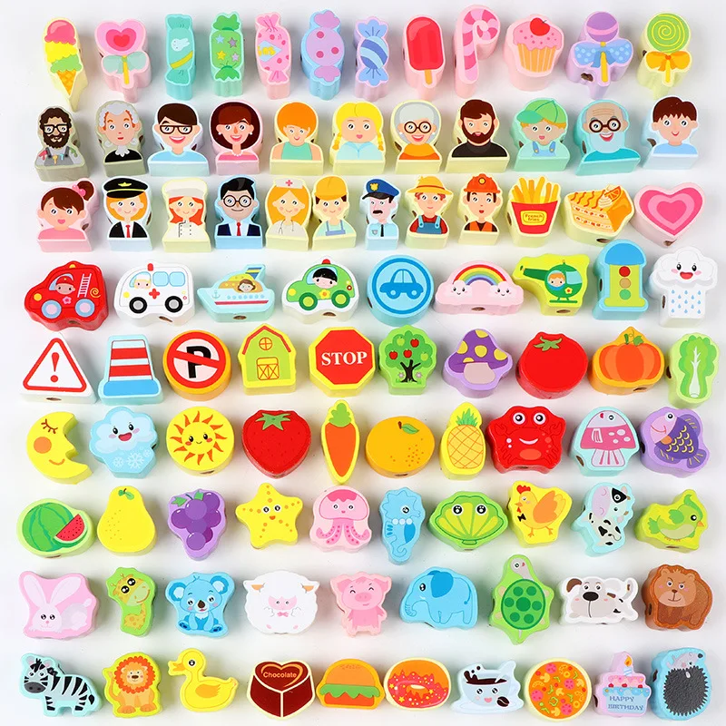 Early childhood education wooden color building blocks english alphanumeric animals vegetables beaded children toys