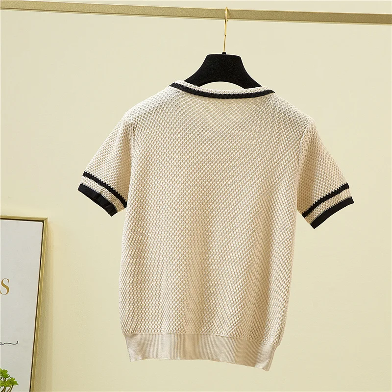Korean Fashion Bow Patchwork Short Sleeve T-Shirt Women Elegant Summer Knitted Tees Office O-Neck Thin Woman Tshirt Tops Female