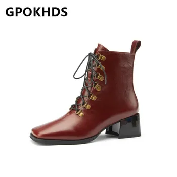 

GPOKHDS 2021 women Ankle boots Cow leather Winter short plush Square Toe Zipper Metal Decoration High heels female boots size 40