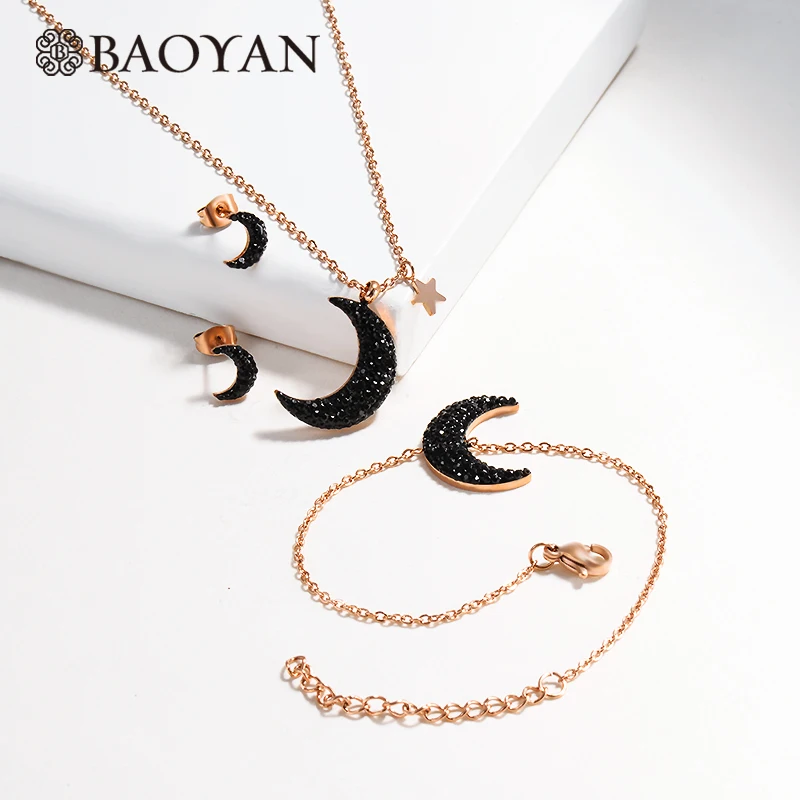 Rose Gold Plated Baoyan, черная луна, ювелирный набор, серьги, браслет, ожерелье, набор ювелирных изделий, розовое золото/золото, цвет, нержавеющая сталь, ювелирные наборы для женщин - Окраска металла: Rose Gold Plated