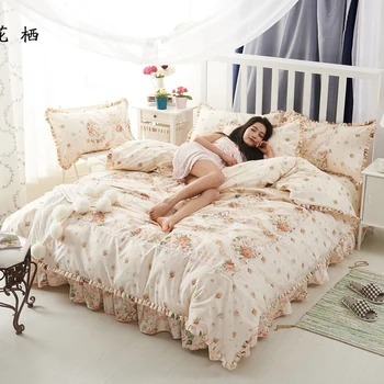 

Chic Floral Ruffles Duvet Cover Bed sheet Set Pillowcase Pink Soft Cotton Girls Bedding set with Zipper Queen size 4 Pcs Bed set