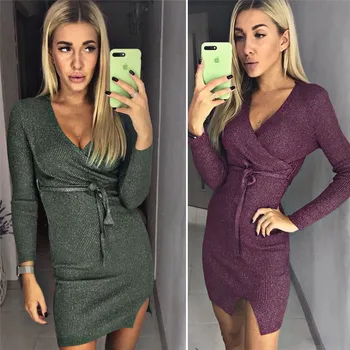 

Elegant high waist Long Sleeve Party Dress Slim V Neck Bodycon OL Ladies vestido Womens Autumn Winter Bandage Dress